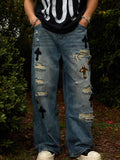 Vintage Wash Camo Cross Applique Distressed Straight Jeans