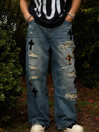 Vintage Wash Camo Cross Applique Distressed Straight Jeans