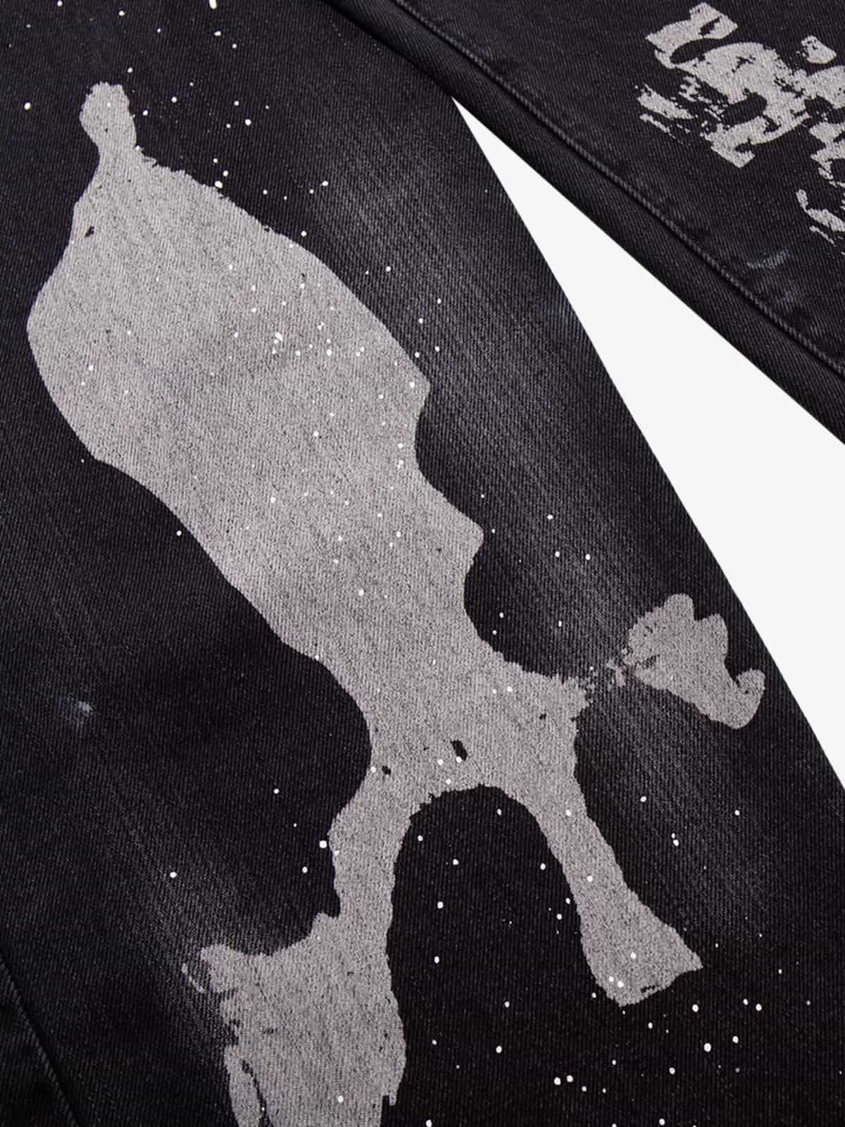 Retro Rhinestone Graffiti Washed Straight Jeans