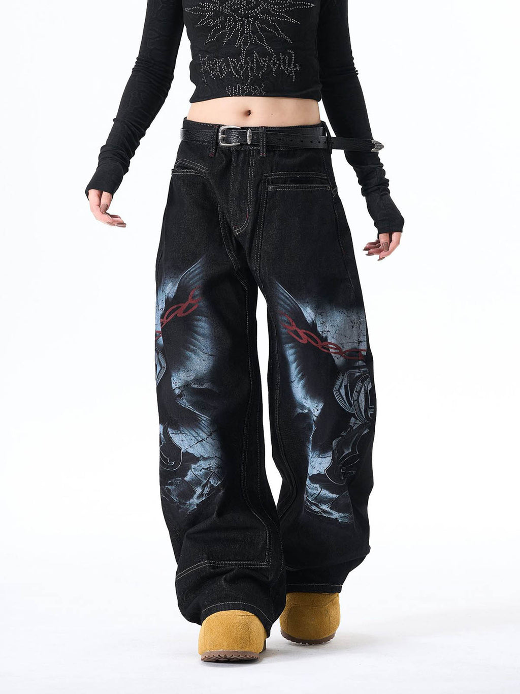 Dark Gothic Graphic Wide-Leg Jeans