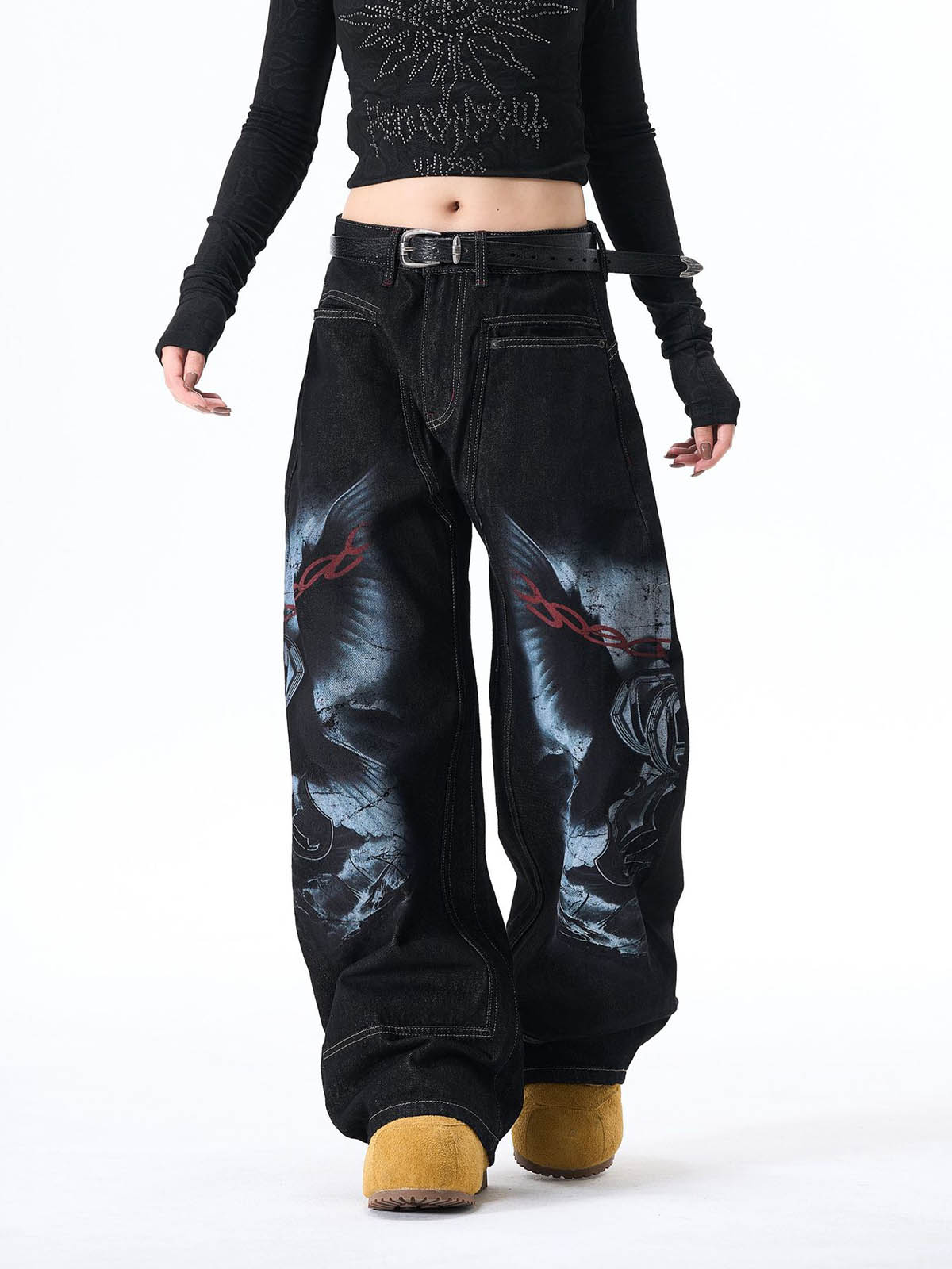 Dark Gothic Graphic Wide-Leg Jeans
