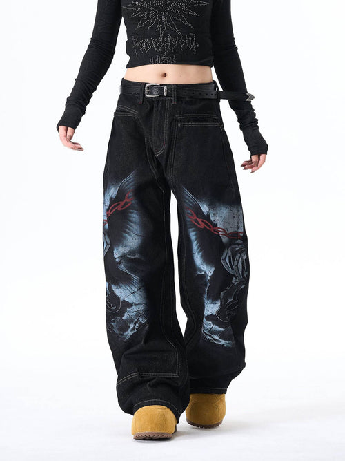 Dark Gothic Graphic Wide-Leg Jeans