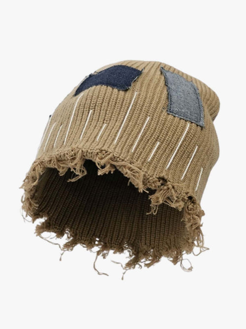 Distressed Denim Patchwork Beanie
