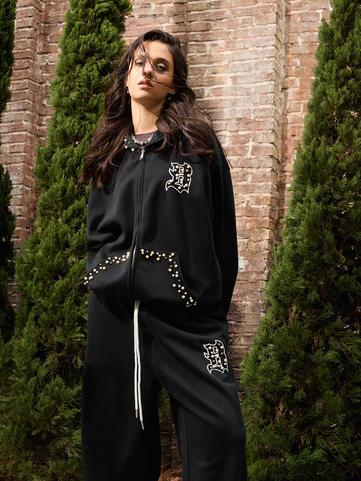 precipice Pearl Embellished Zip Up Set - 2596