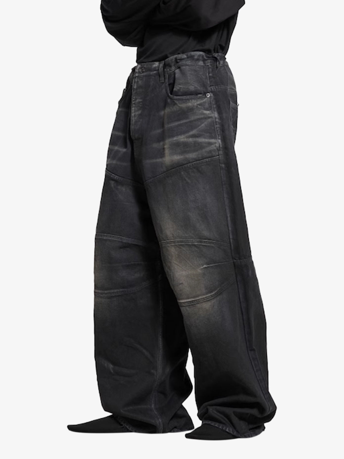 Distressed Drawstring Knee-Length Washed Baggy Jeans