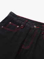 Retro Red Contrast Stitching Pocket Barrel Jeans