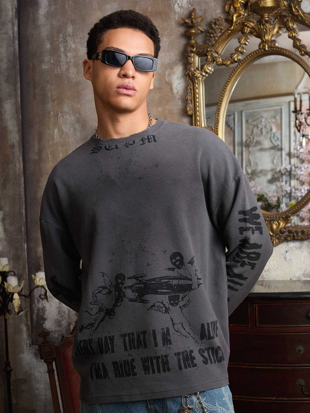 Waffle-Knit Distressed Gradient Print Long T-Shirt