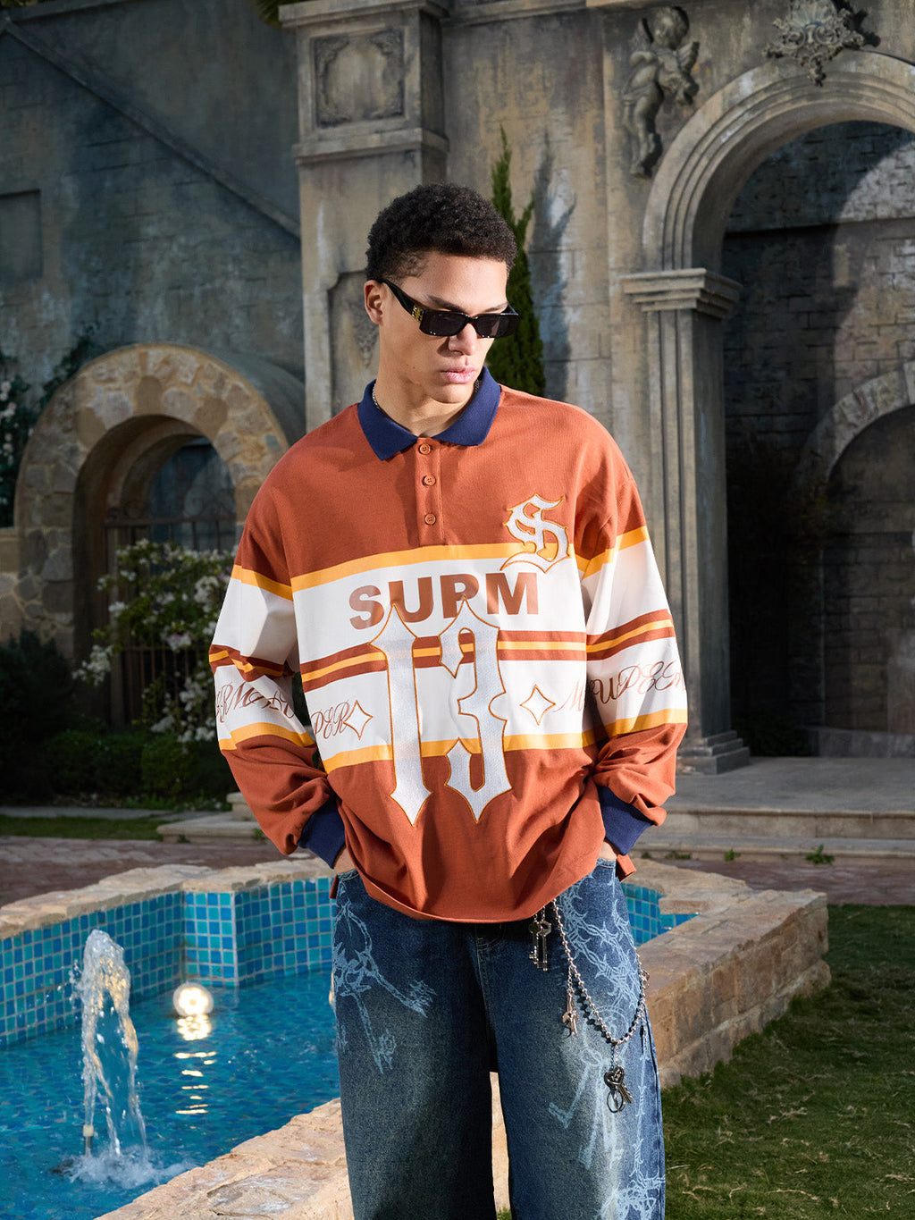 Gothic Number Stripe Rugby Collar Sweatshirt