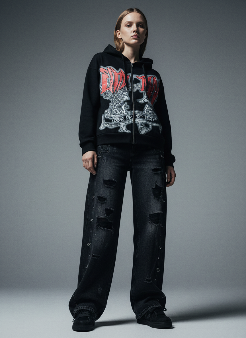 Vintage Washed Distressed Metal Ring Baggy Jeans