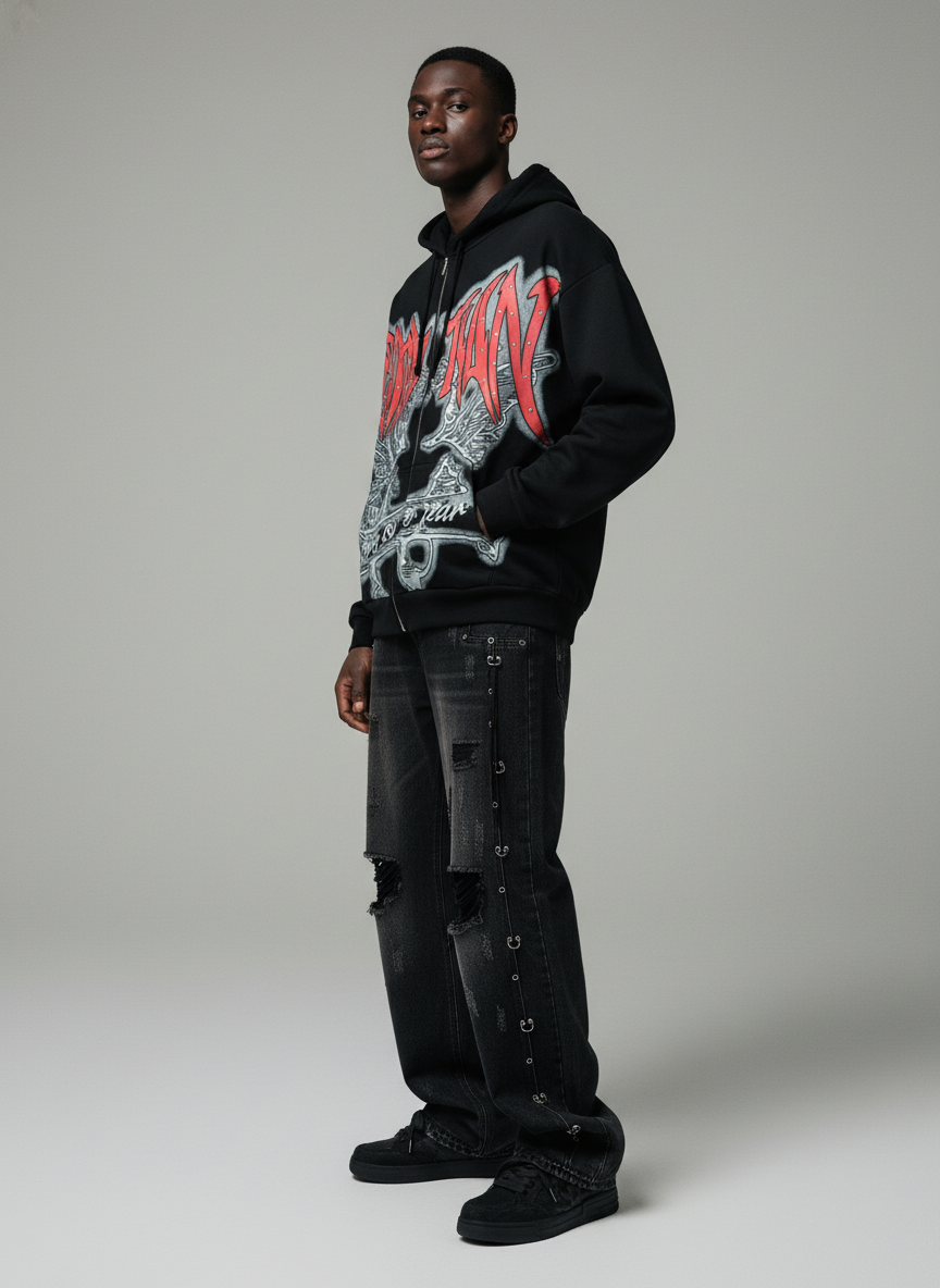 Retro Gothic Print Rhinestone Zip-Up Hoodie