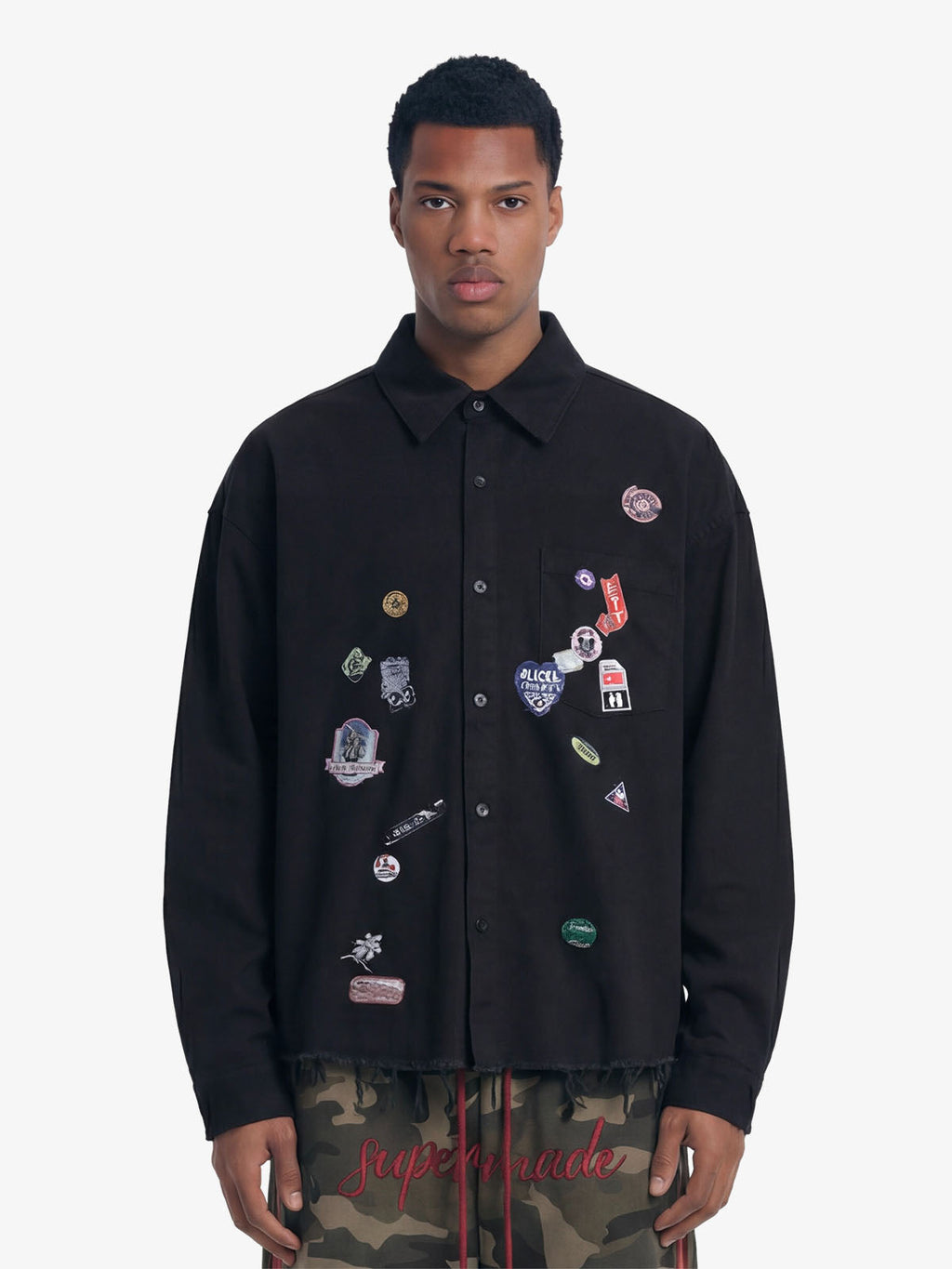 Fun Distressed Raw-Edge Printed Long-Sleeved Shirt
