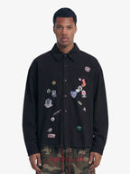 Fun Distressed Raw-Edge Printed Long-Sleeved Shirt