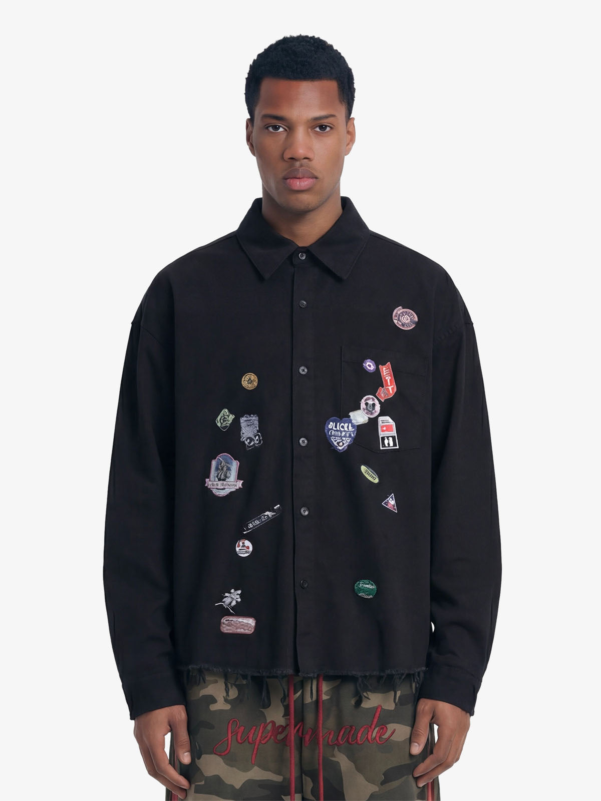 Fun Distressed Raw-Edge Printed Long-Sleeved Shirt