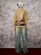 Suede Contrast Color Spliced Letter Embroidery Oversize T-shirt - 2462