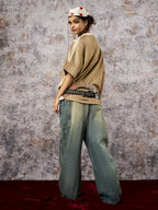 Suede Contrast Color Spliced Letter Embroidery Oversize T-shirt - 2462