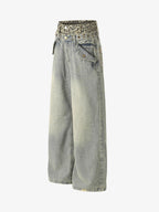 Y2K Double Waistband Leopard Print Wide Leg Jeans