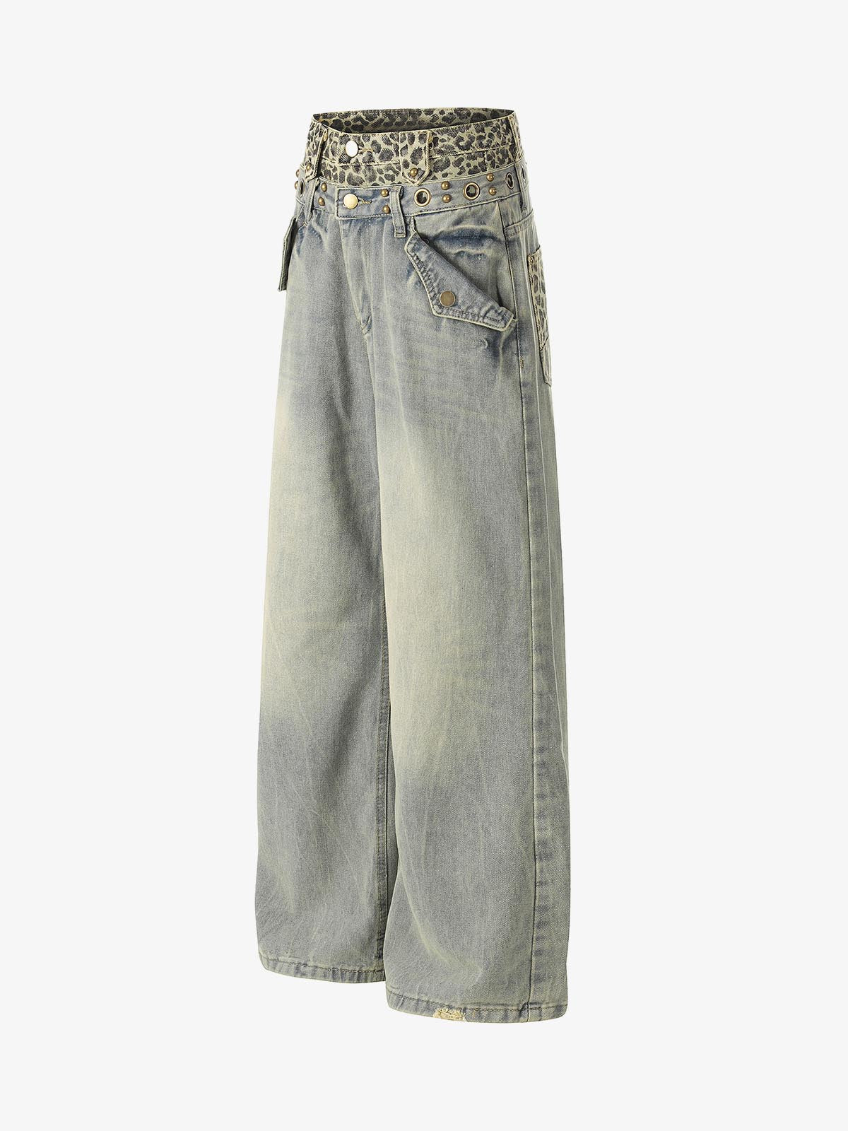 Y2K Double Waistband Leopard Print Wide Leg Jeans