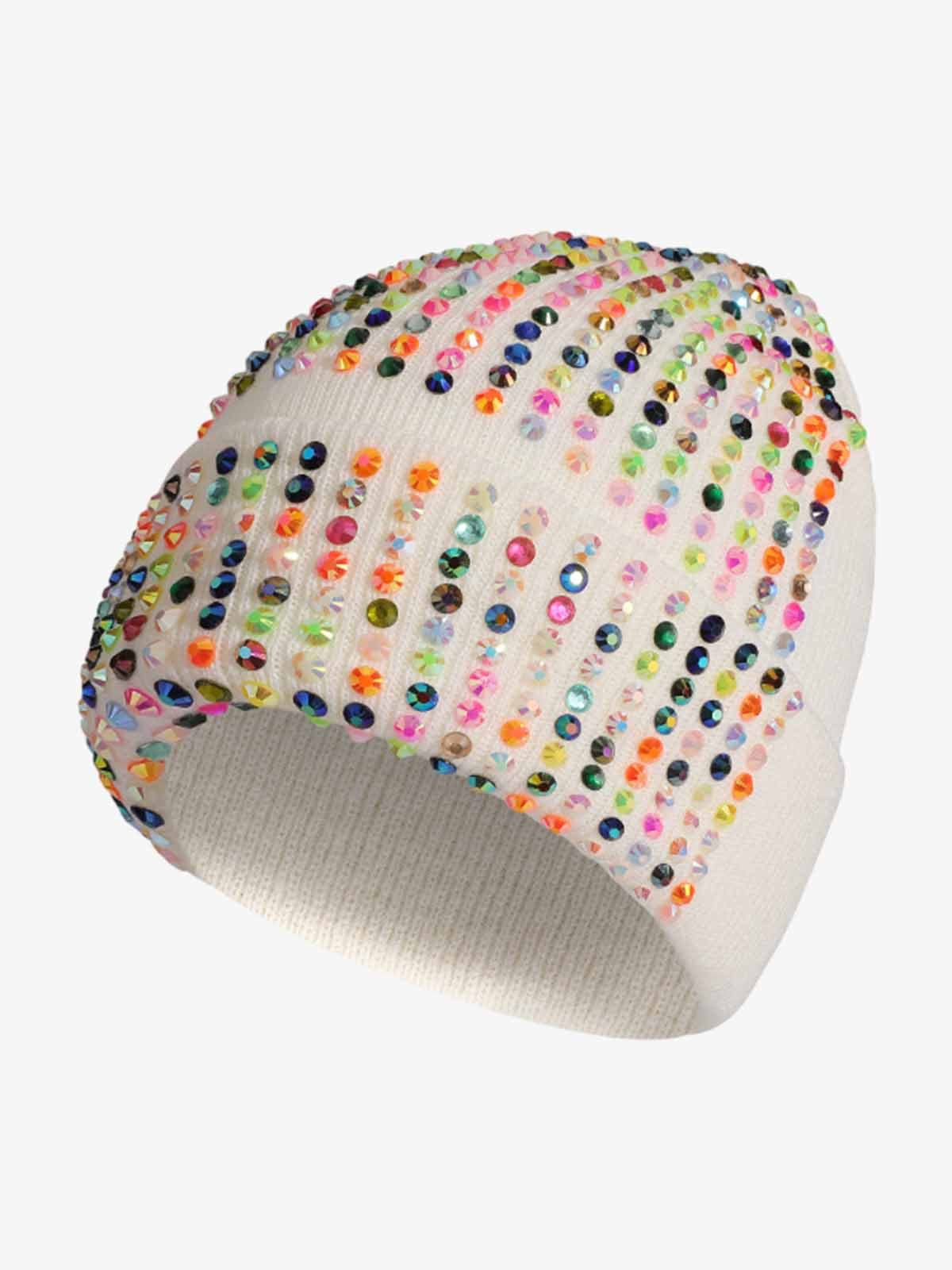 Rhinestone Embellished Ribbed Knit Beanie Hat