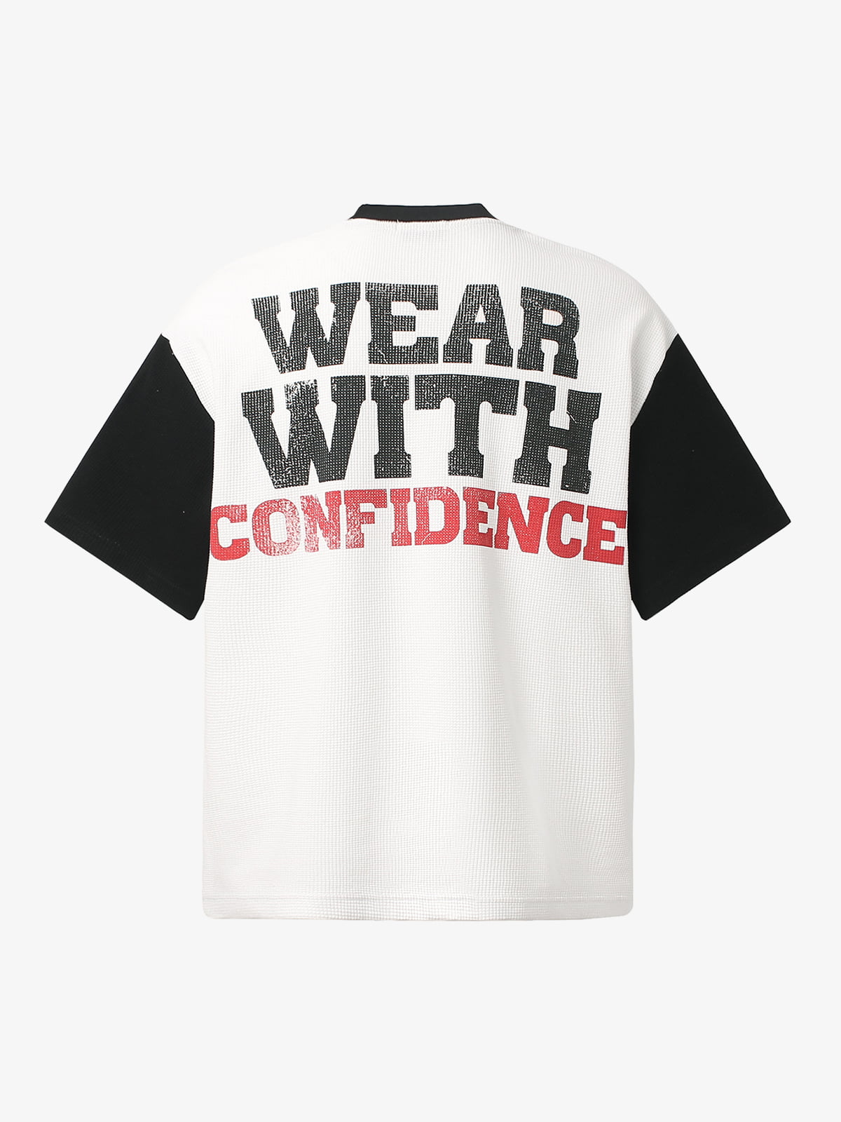 Heart Slogan Graphic Contrast Sleeve Waffle Knit T-Shirt