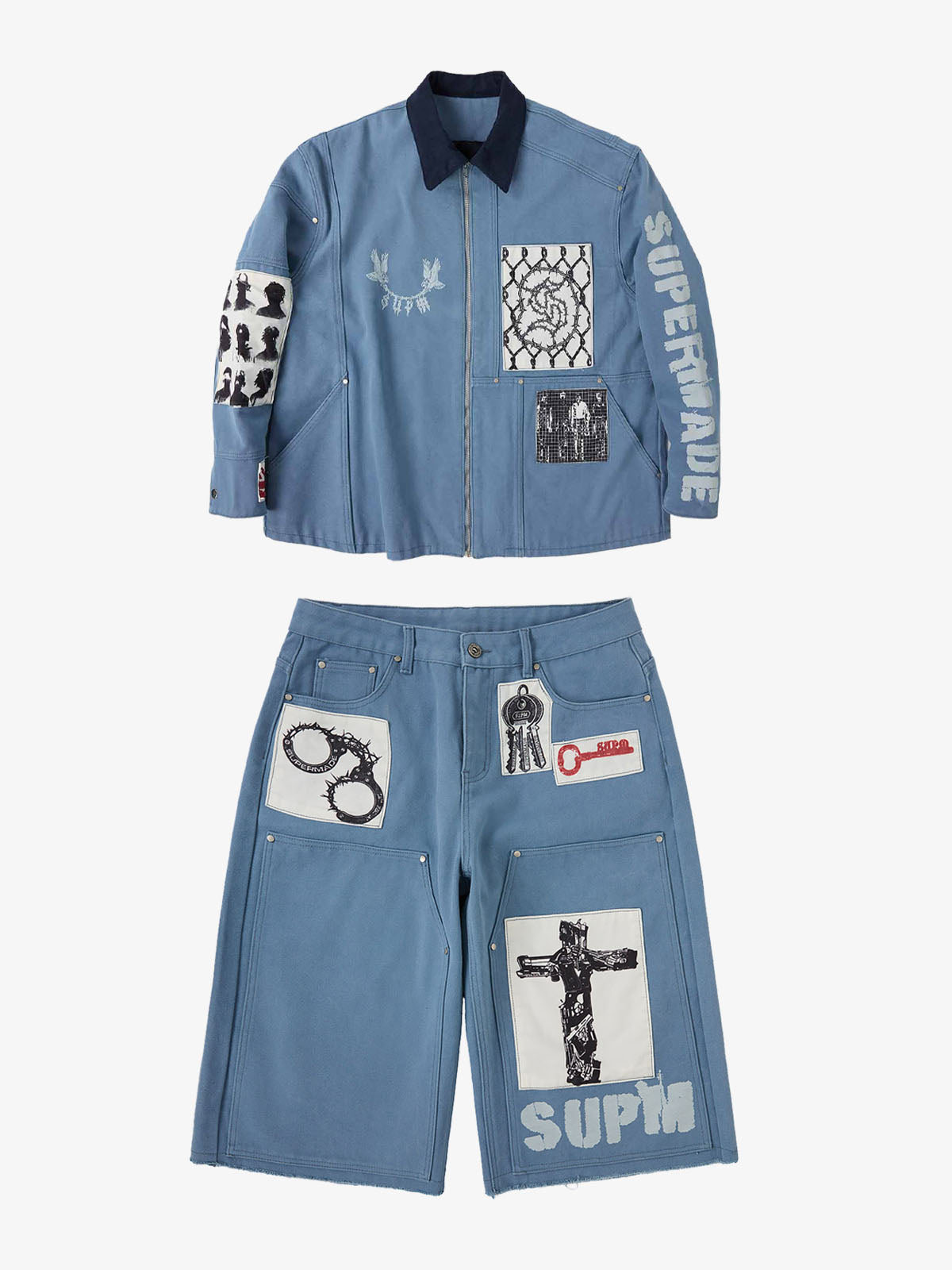precipice Multi-Element Appliqué Patchwork Denim Suit - 2593