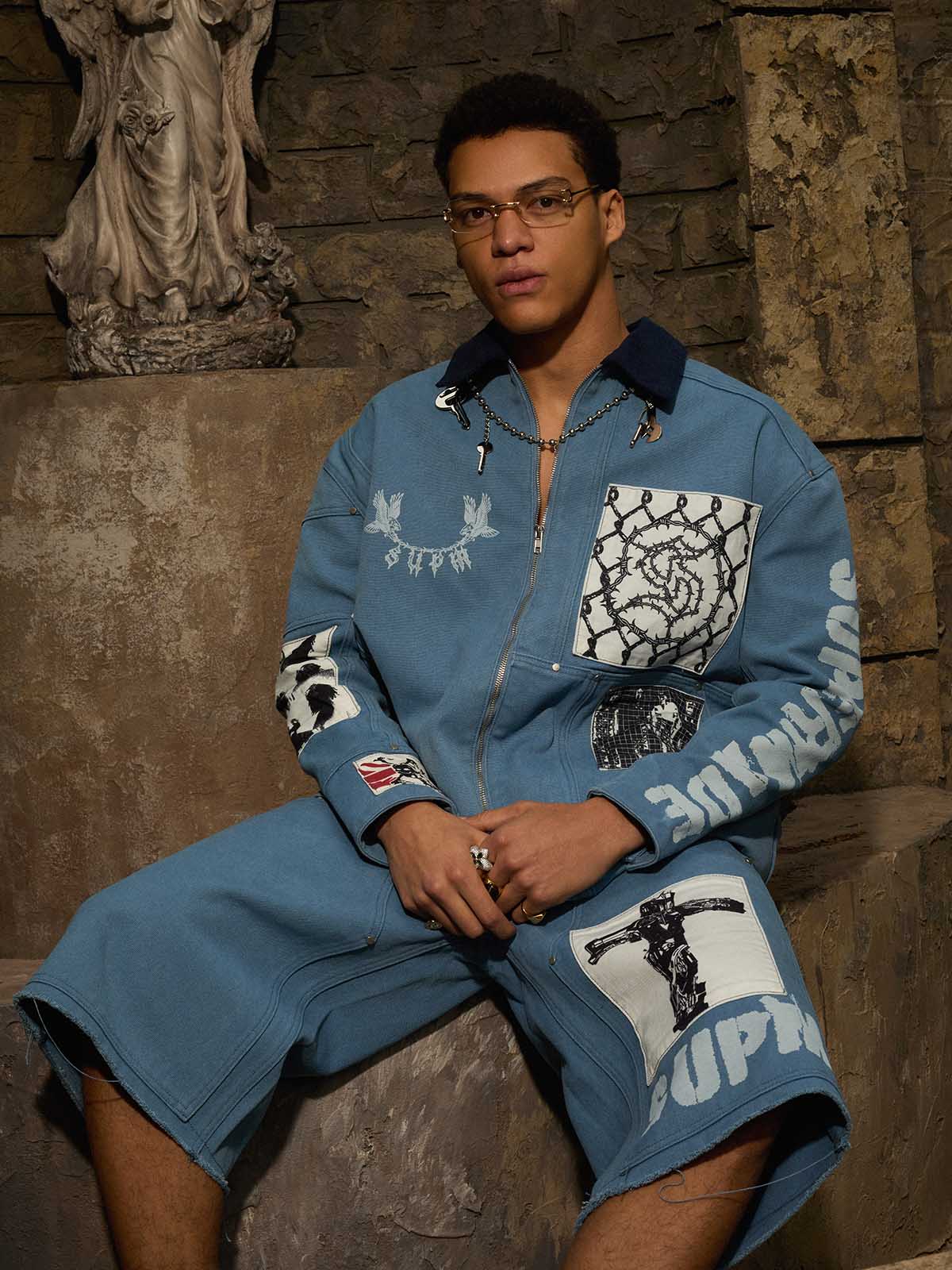precipice Multi-Element Appliqué Patchwork Denim Suit - 2593