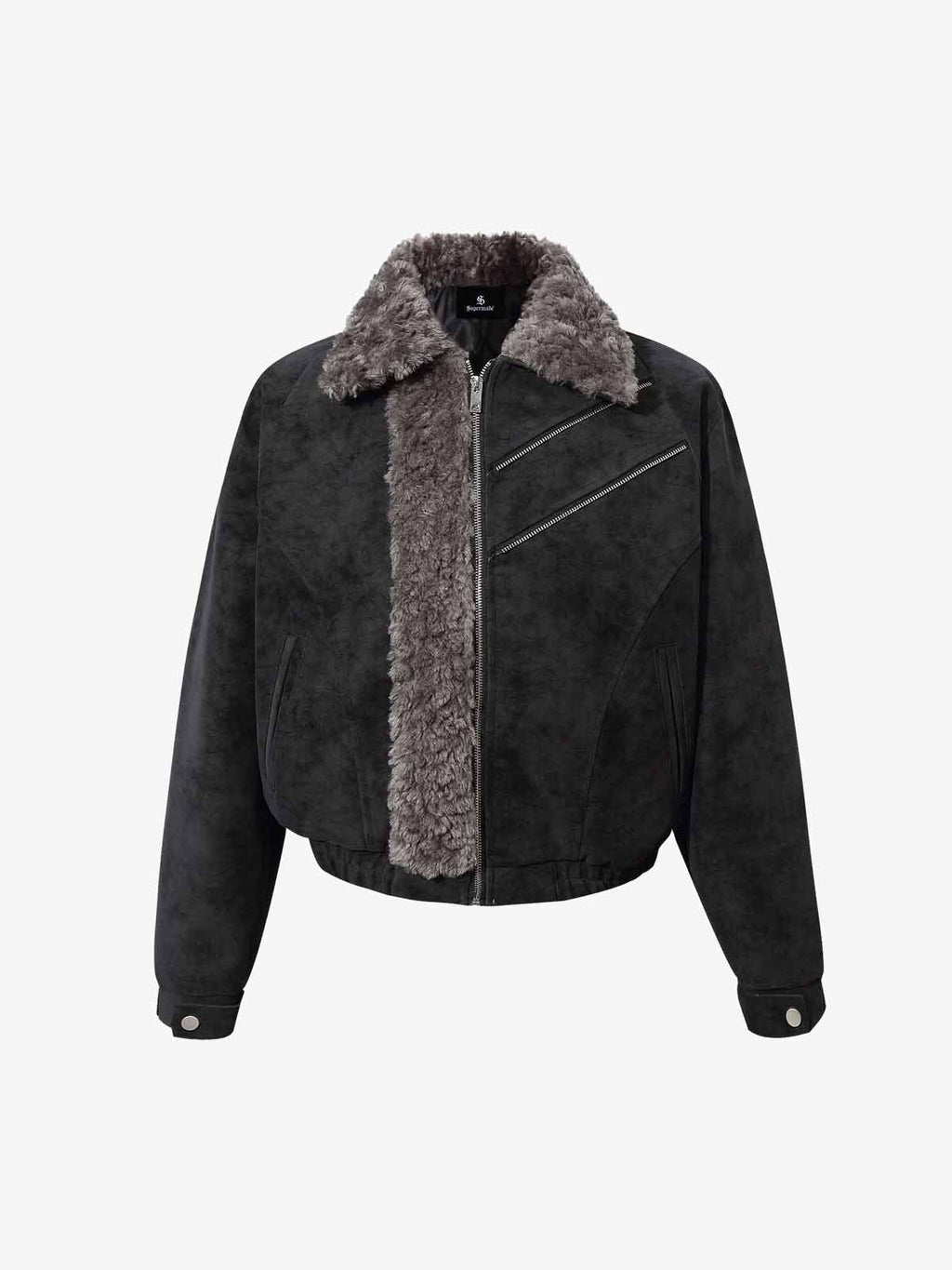 Retro Suede Texture Shearling Collar Fleece Bomber Jacket