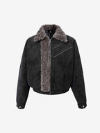 Retro Suede Texture Shearling Collar Fleece Bomber Jacket