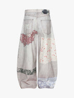 Vintage Wash Collage Print Curved Leg Denim Jeans