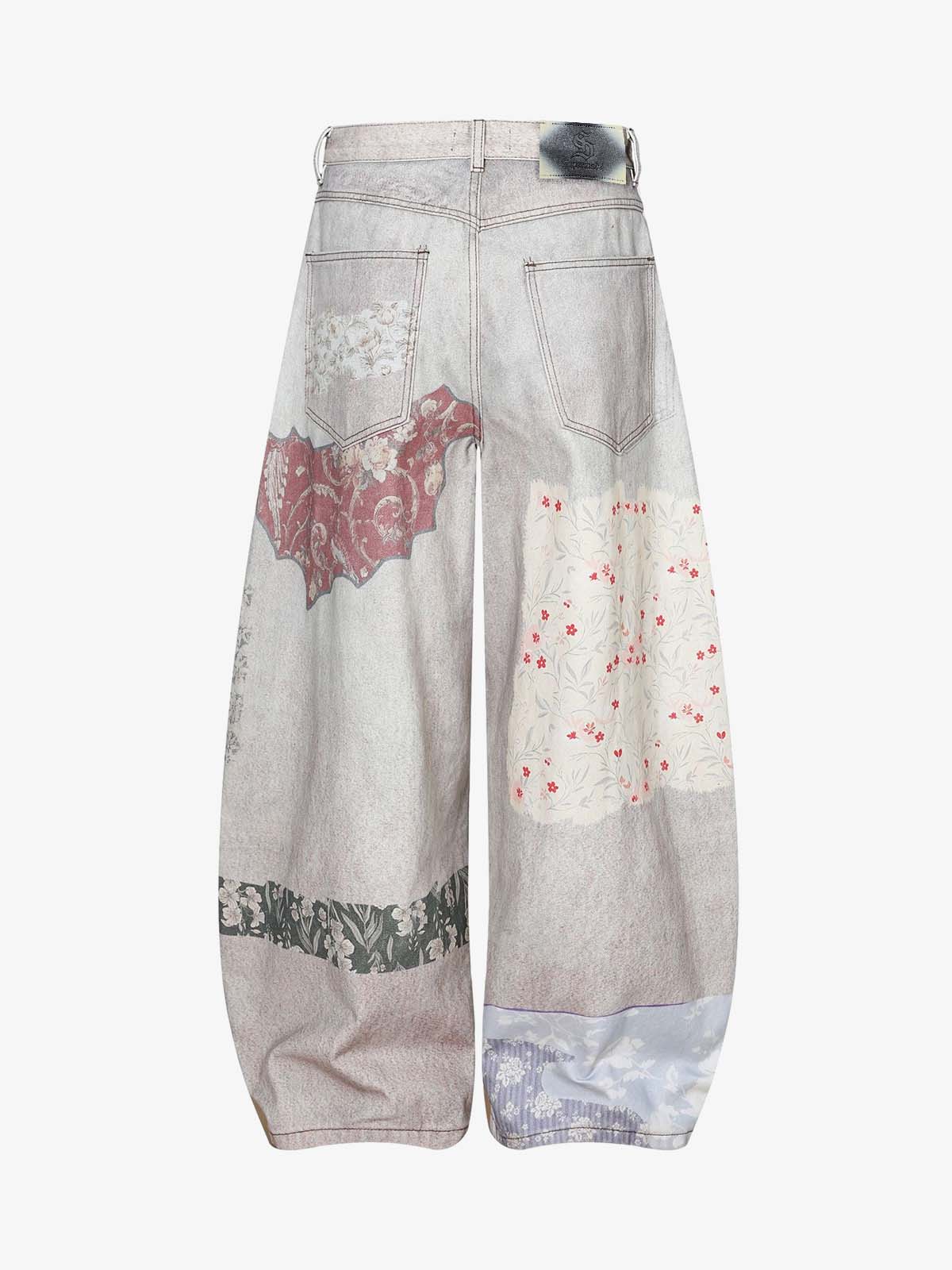 Vintage Wash Collage Print Curved Leg Denim Jeans