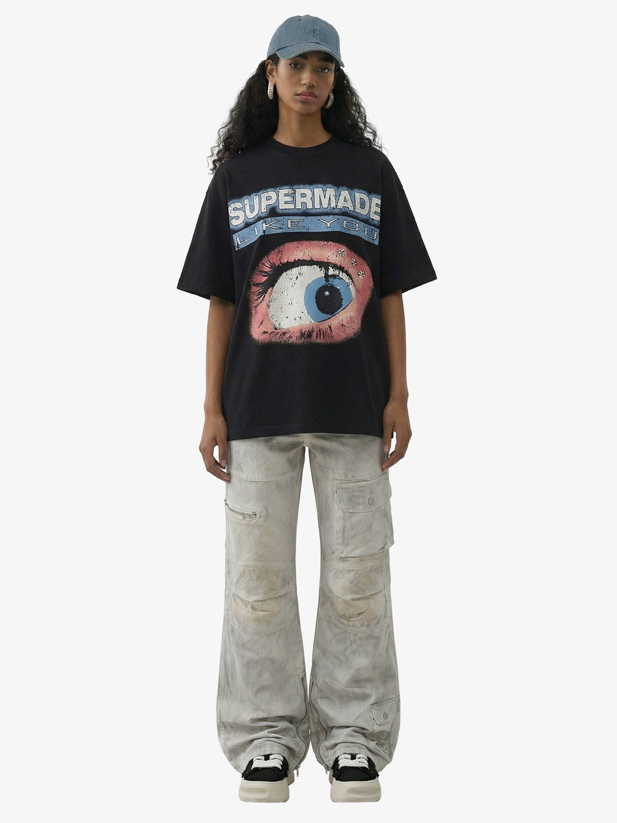 Waffle Knit Eye Graphic Letter Print T-Shirt