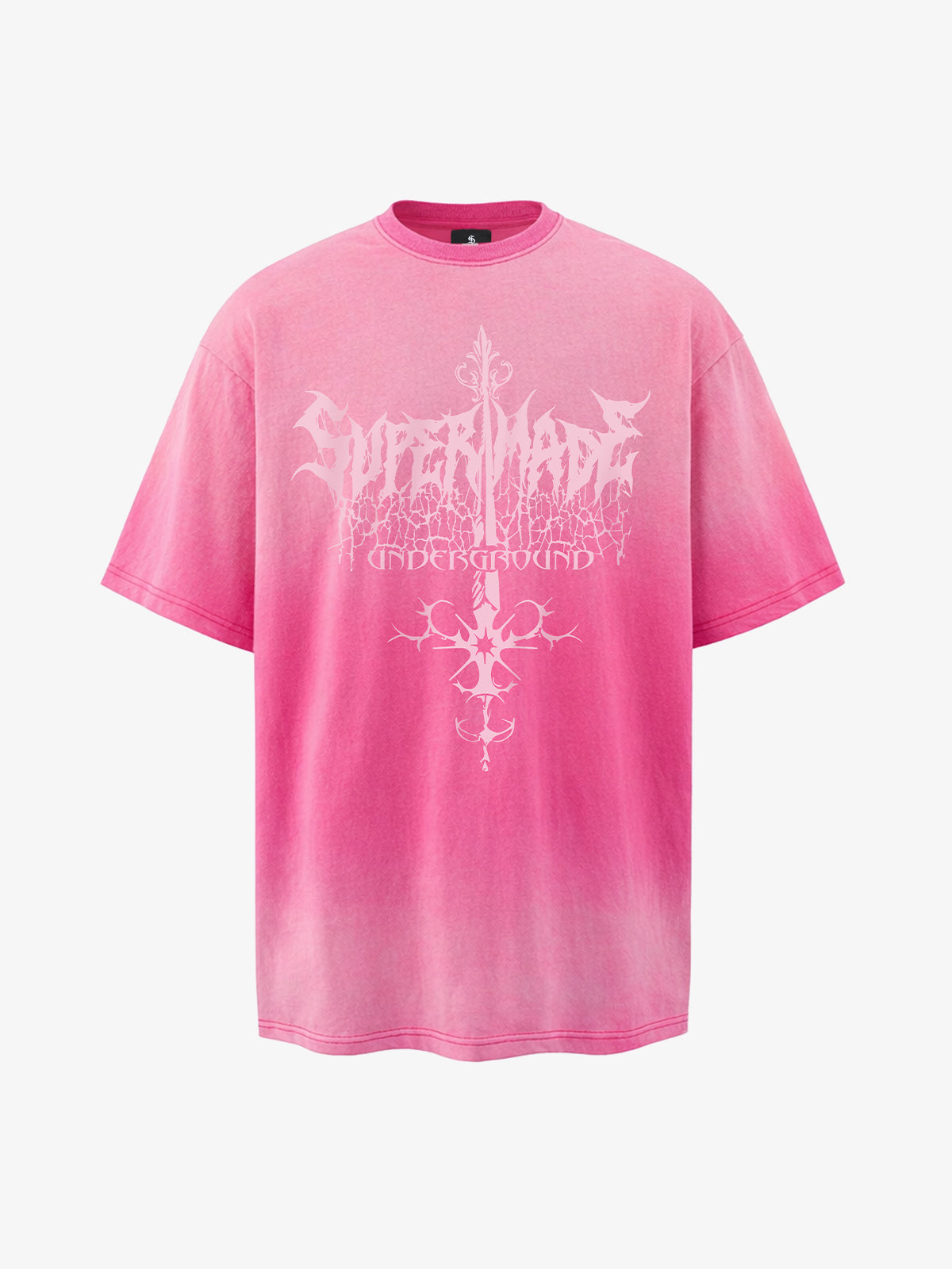 Acid Wash Gothic Cross Spine Graphic Distressed T-Shirt - 2604