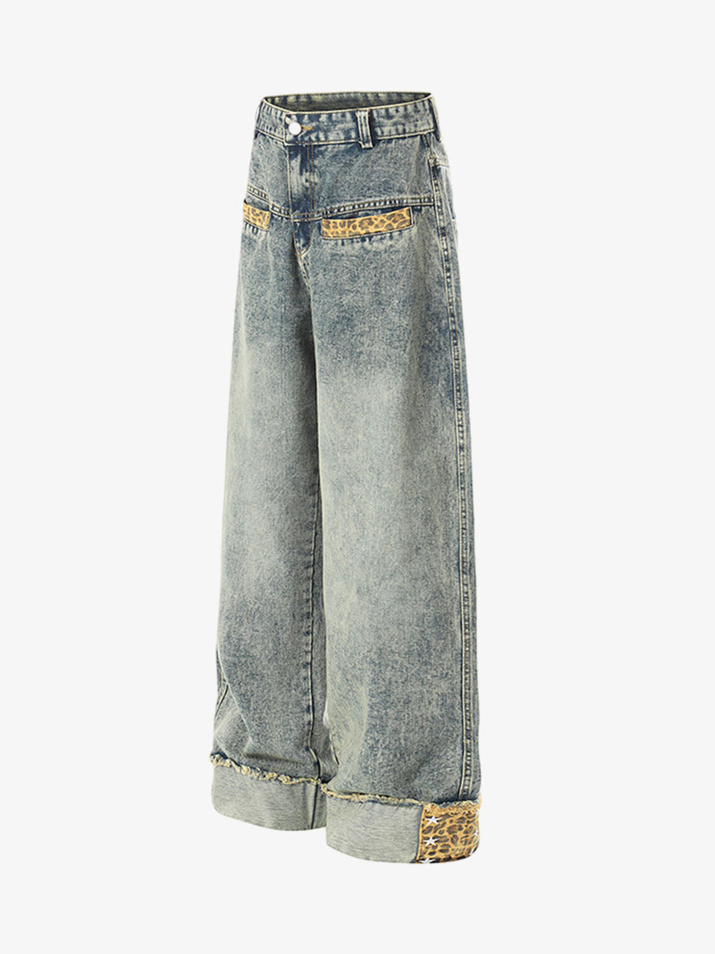 Leopard Print Trim Washed Jeans