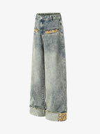 Leopard Print Trim Washed Jeans