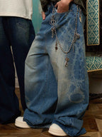 Original Retro Thorn and Key Pattern Laser-Burnout Baggy Jeans - 2595
