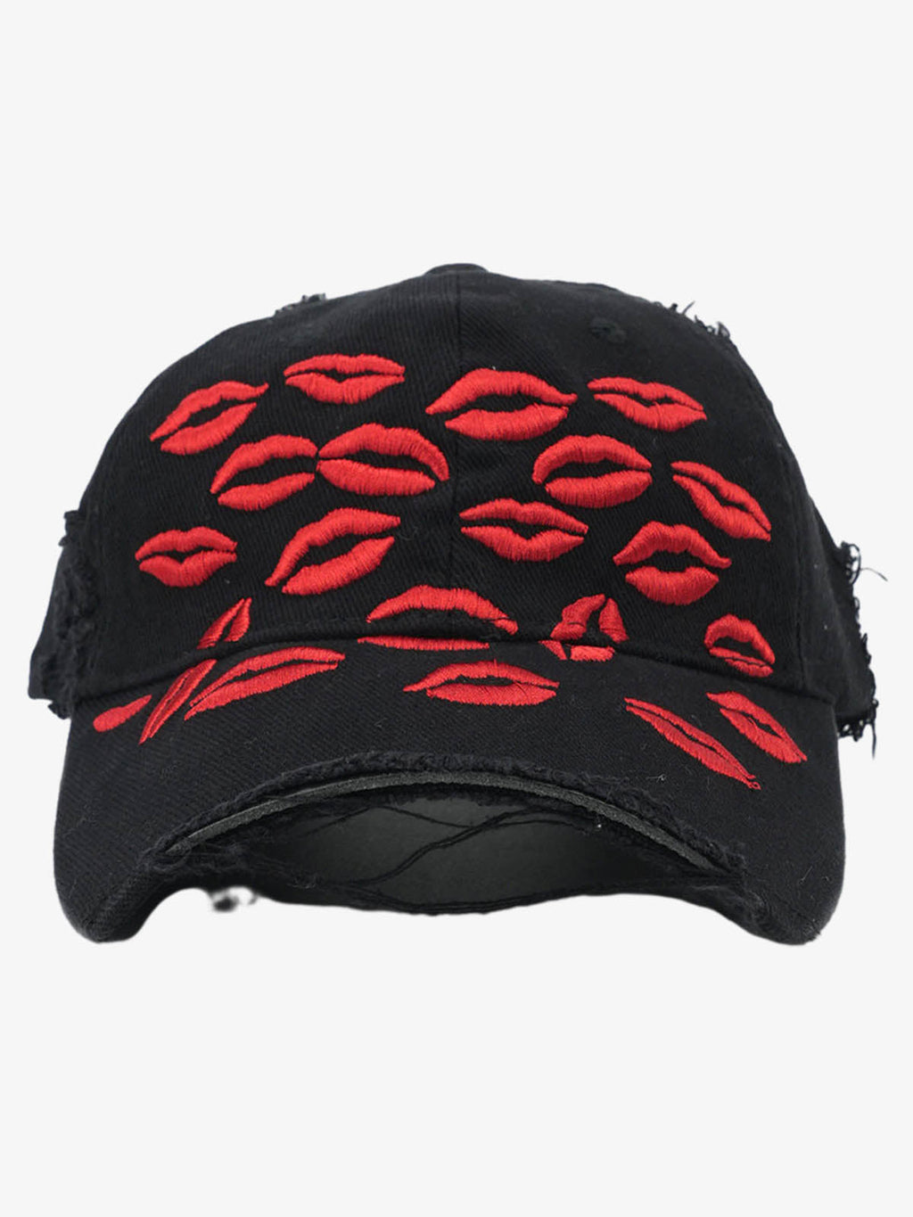 Red Lip Embroidery Distressed Baseball Cap