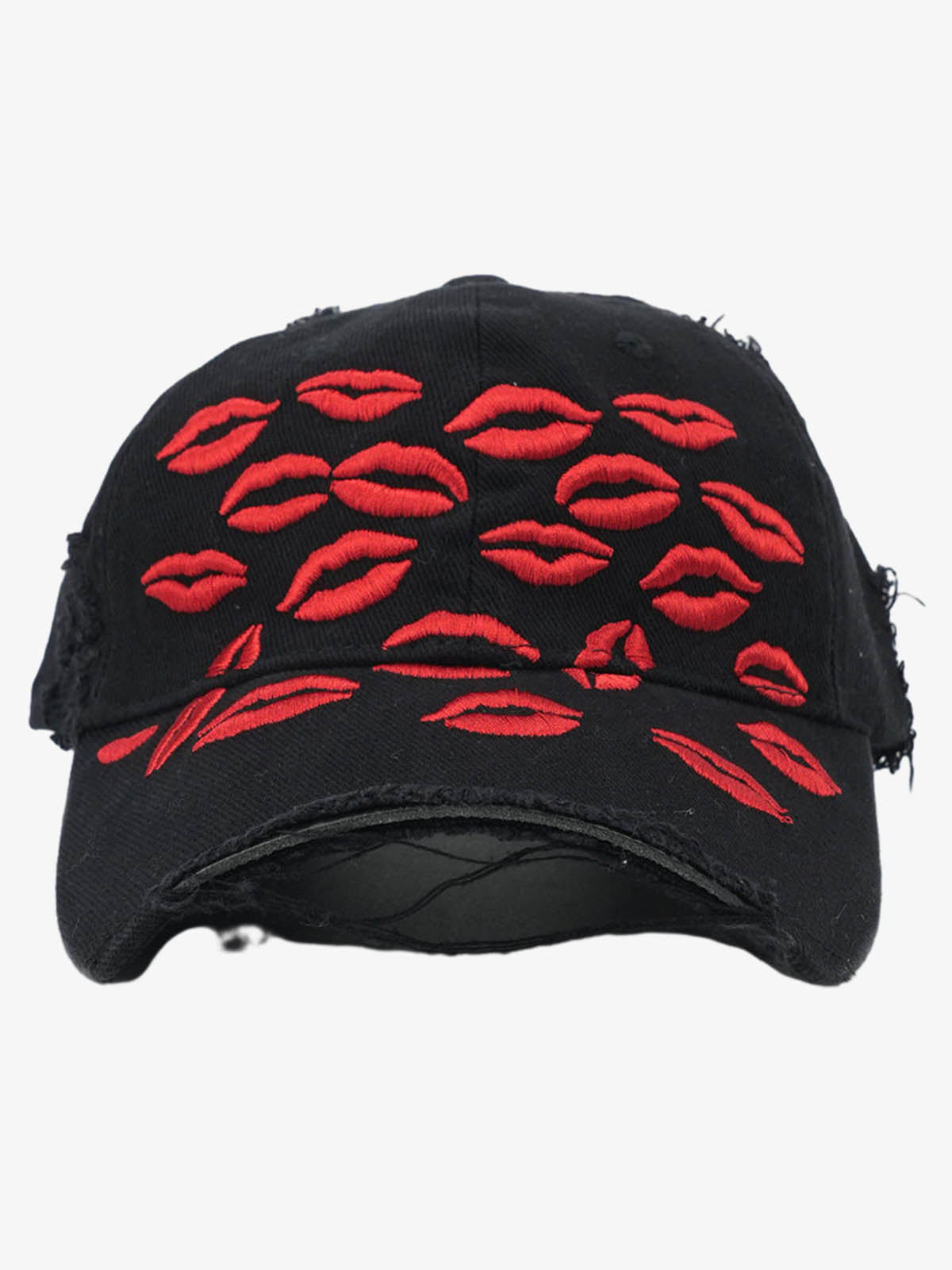 Red Lip Embroidery Distressed Baseball Cap