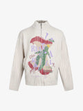 Retro Abstract Print Ribbed Stand Collar Zip-Up Sweater