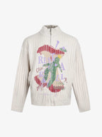 Retro Abstract Print Ribbed Stand Collar Zip-Up Sweater