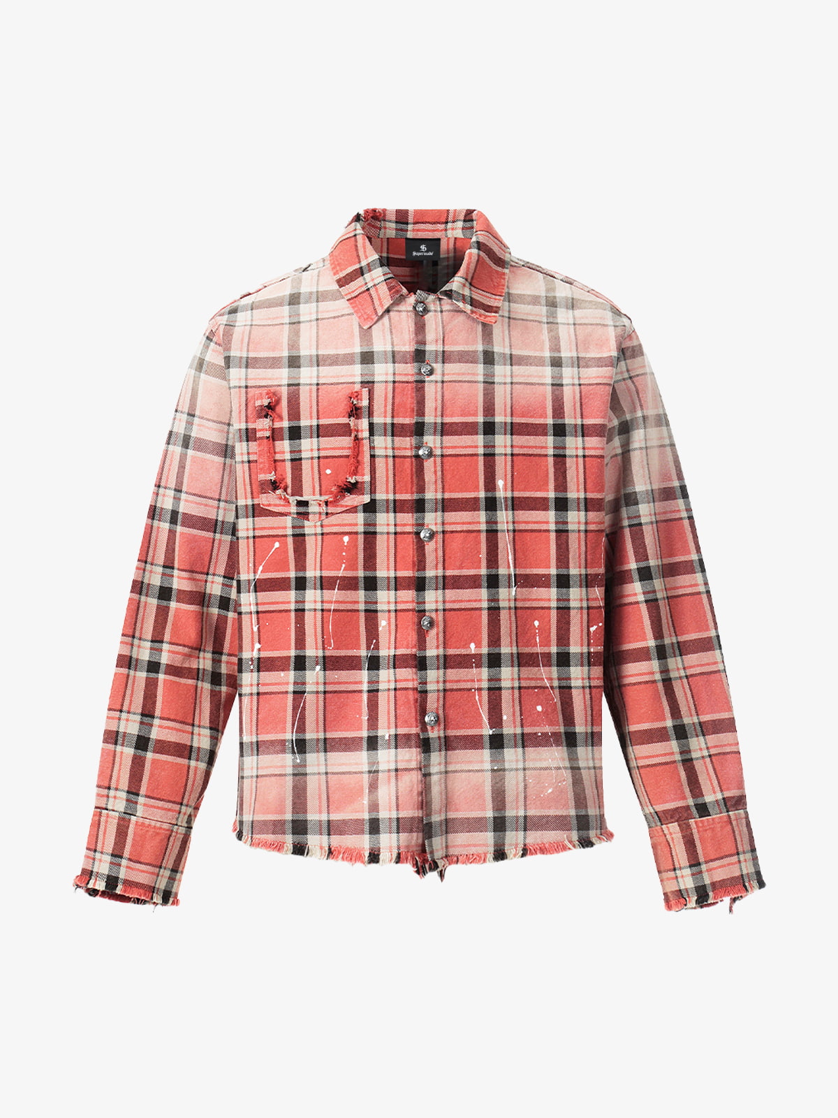 Paint Splatter Plaid Frayed Hem Button Up Shirt
