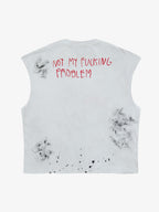 Grunge Slogan Print Distressed Raw Hem Sleeveless T-Shirt - 2612