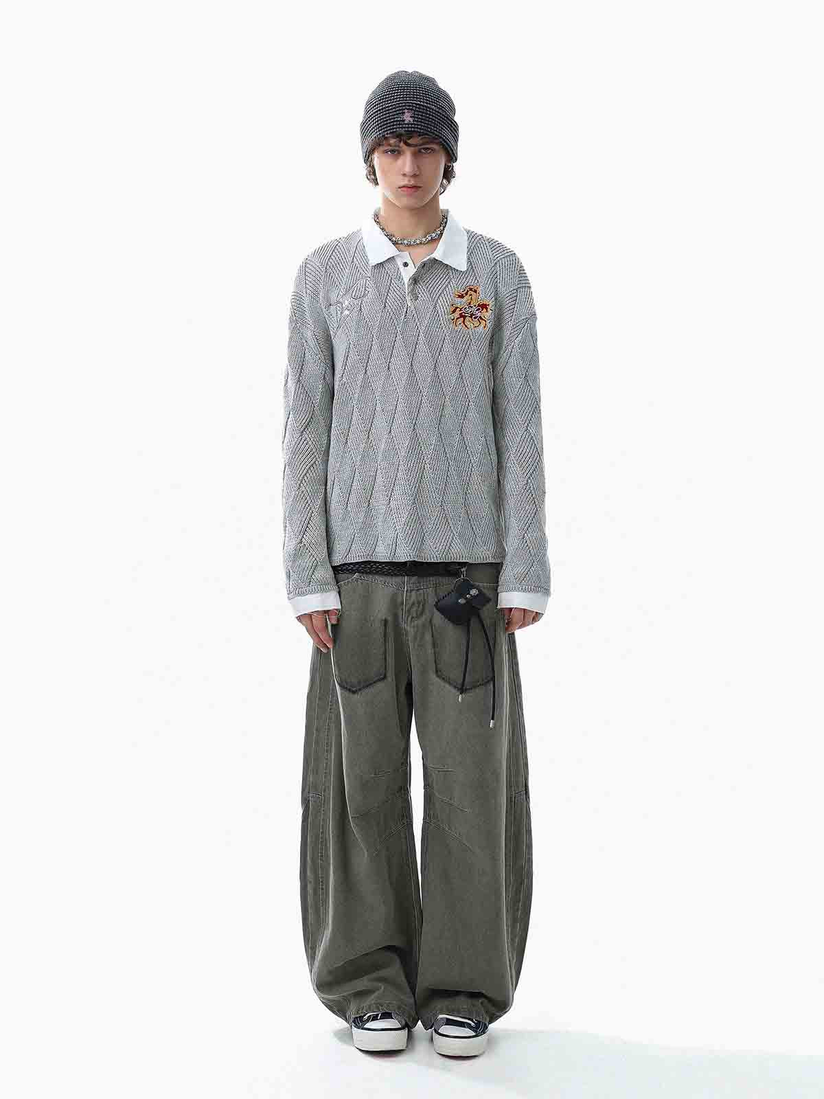Retro Contrast Collar Embroidery Knit Sweater