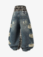 Distressed Plaid Layered Drawstring Wide Leg Jeans