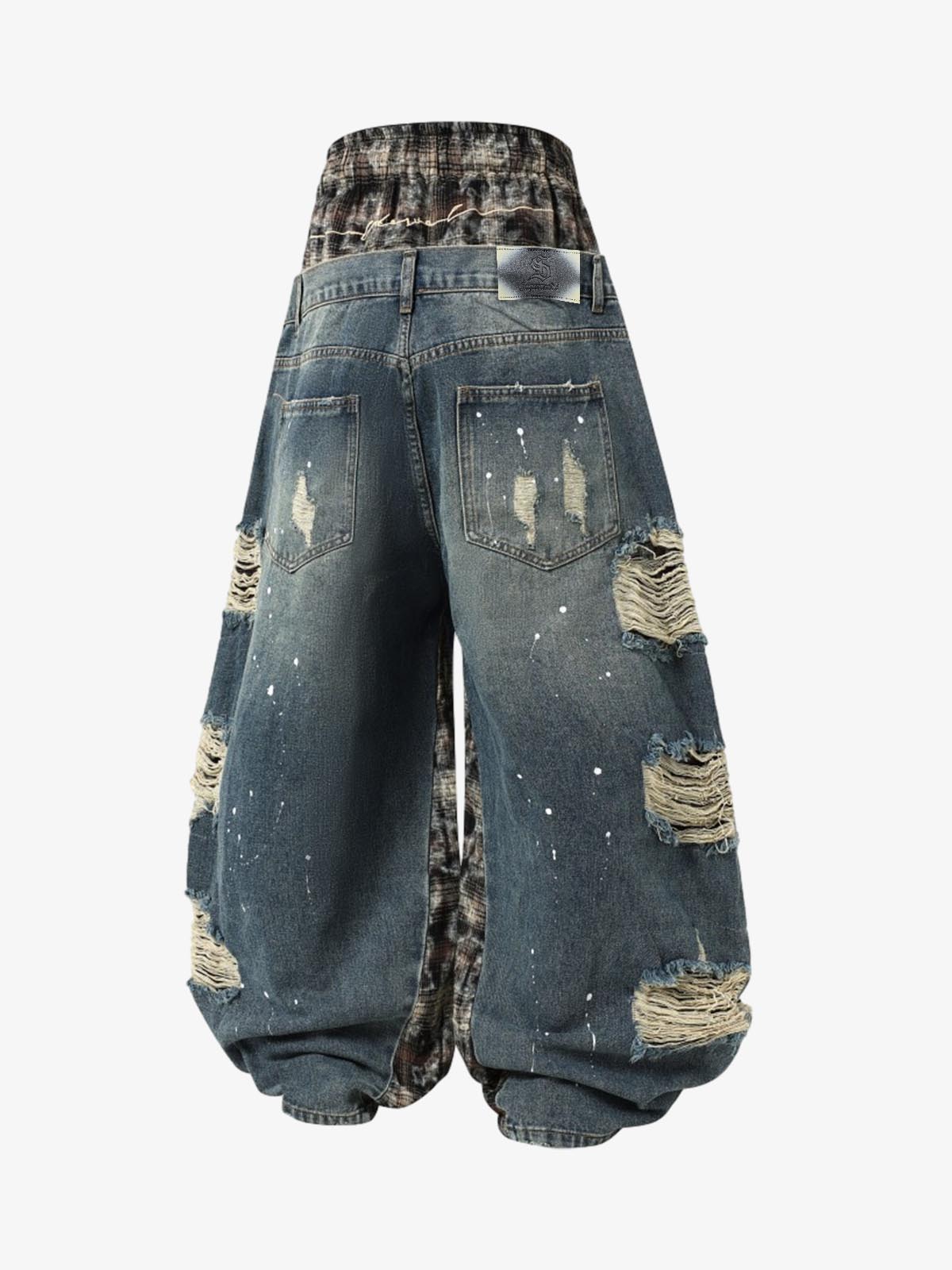 Distressed Plaid Layered Drawstring Wide Leg Jeans
