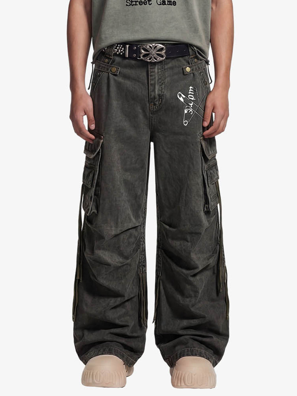 Washed Safety Pin Graphic Cargo Pants