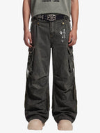 Washed Safety Pin Graphic Cargo Pants