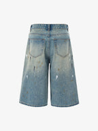 Washed Distressed Ink-Splashed Denim Shorts