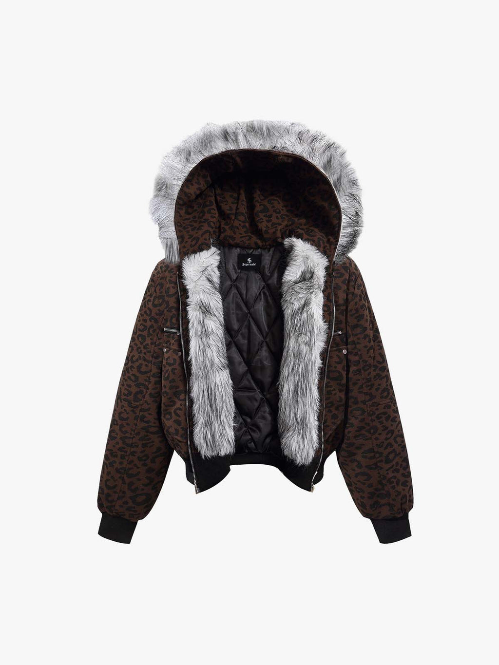 Retro Faux Fur Trimmed Hood Leopard Print Bomber Jacket