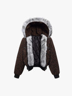Retro Faux Fur Trimmed Hood Leopard Print Bomber Jacket