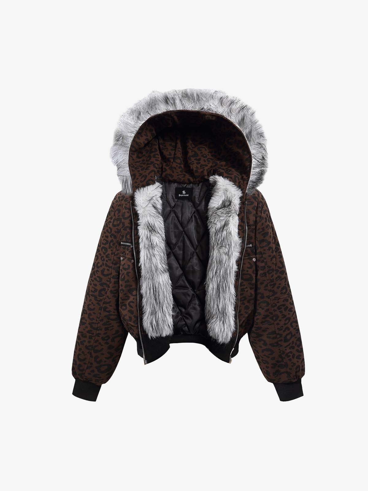 Retro Faux Fur Trimmed Hood Leopard Print Bomber Jacket