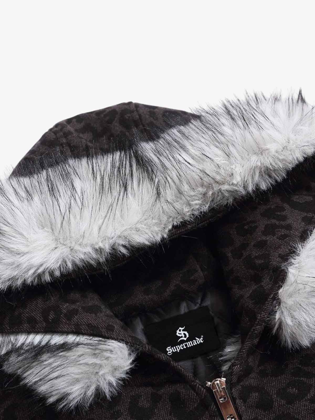 Retro Faux Fur Trimmed Hood Leopard Print Bomber Jacket